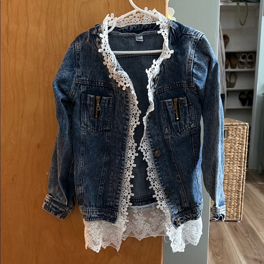 Denim Jacket with Lace Trim